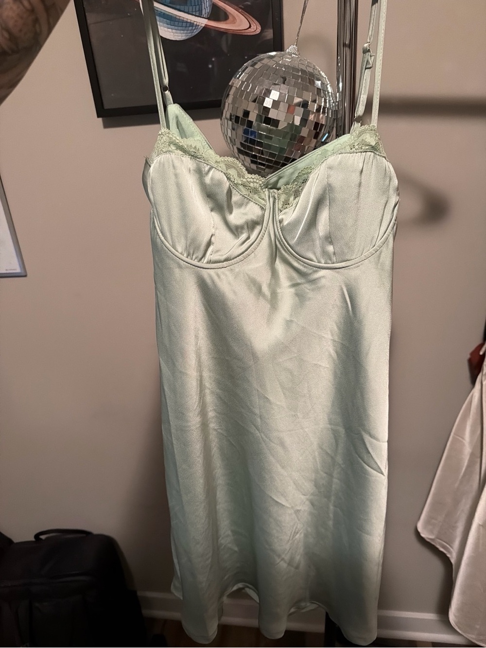Princess Polly Pale Mint Satin Slip Dress with Lace